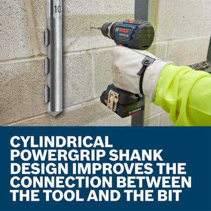 Bosch GSB18V-800C HD drill, drilling into a wall, with text "CYLINDRICAL POWERGRIP SHANK DESIGN IMPROVES THE CONNECTION BETWEEN THE TOOL AND THE BIT".