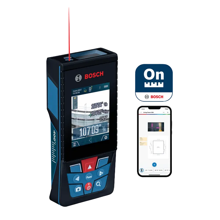 Bosch laser distance meter, with 'BOSCH' and 'On' icons, and a smartphone displaying room measurements.