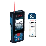 Bosch laser distance meter, with 'BOSCH' and 'On' icons, and a smartphone displaying room measurements.