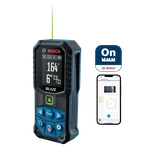 Bosch BLAZE distance meter displaying 164', 6" 13/32. Also visible: an "On" logo with Bosch, and a smartphone displaying a room edit.