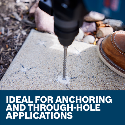Concrete being drilled with text "IDEAL FOR ANCHORING AND THROUGH-HOLE APPLICATIONS".