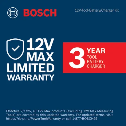 Bosch 12V Max Limited Warranty, 3-Year Tool, Battery, Charger.