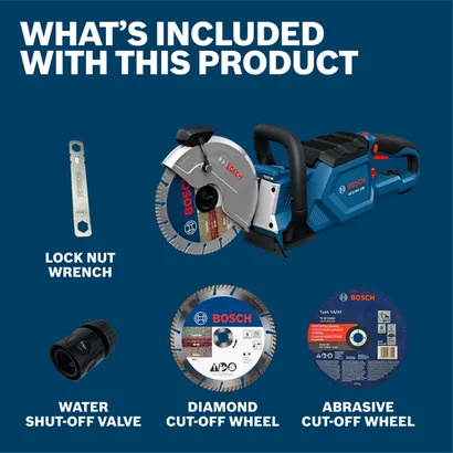 Image of the Bosch GCS18V-230N cut-off saw kit included in a starter pack, highlighting its essential components.
