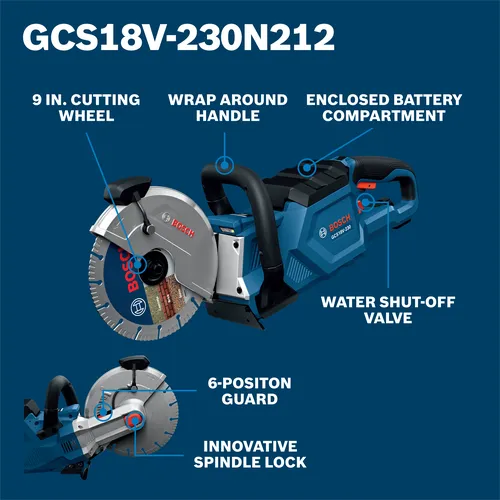 Bosch GCS18V-230N212 with 9 in. cutting wheel, wrap-around handle, enclosed battery compartment, water shut-off valve, 6-position guard, and innovative spindle lock.