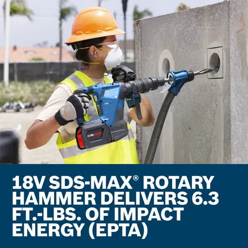 Bosch 18V SDS-MAX Rotary Hammer, held by a person wearing protective gear, drilling into concrete, text reads "DELIVERS 6.3 FT.-LBS. OF IMPACT ENERGY (EPTA)"