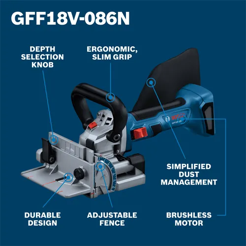Bosch GFF18V-086N, with Depth Selection Knob, Ergonomic Slim Grip, Durable Design, Adjustable Fence, Simplified Dust Management, and Brushless Motor.