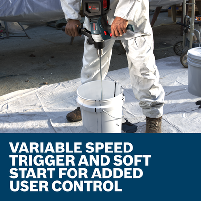 Bosch GRW18V-120 cordless mixer in use, with text "VARIABLE SPEED TRIGGER AND SOFT START FOR ADDED USER CONTROL".