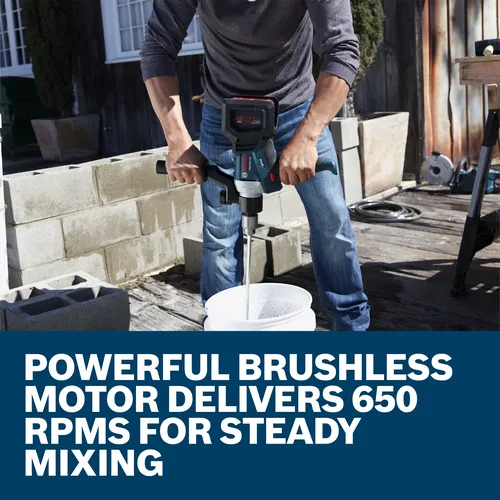 Bosch GRW18V-120 mixing tool being used, with text "POWERFUL BRUSHLESS MOTOR DELIVERS 650 RPMs FOR STEADY MIXING".
