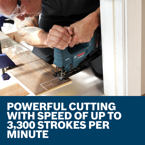 Bosch GST18V-37 jigsaw cutting wood, POWERFUL CUTTING WITH SPEED OF UP TO 3,300 STROKES PER MINUTE.