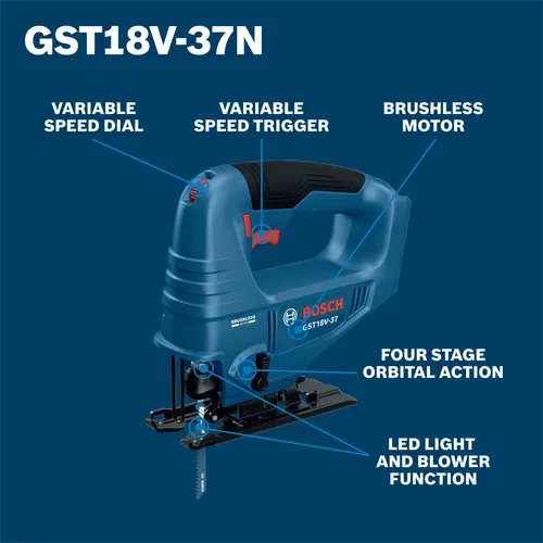 Bosch GST18V-37N jigsaw with Variable Speed Dial, Variable Speed Trigger, Brushless Motor, Four Stage Orbital Action, and LED Light and Blower Function.