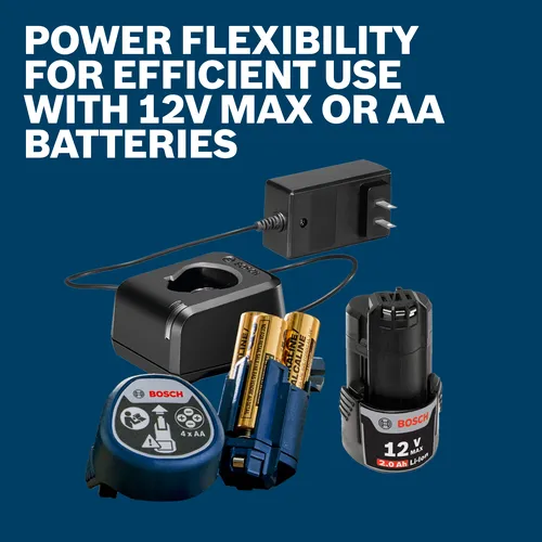 Bosch batteries, charger, and power adaptor with visible text 'POWER FLEXIBILITY FOR EFFICIENT USE WITH 12V MAX OR AA BATTERIES', AA batteries, and a Bosch 12V Max 2.0 Ah Li-Ion battery.