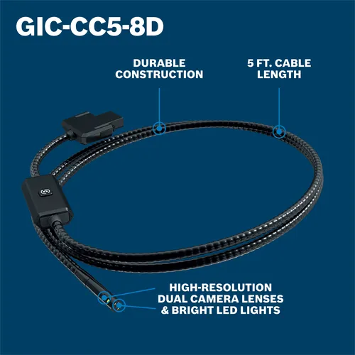 GIC-CC5-8D inspection camera with 5 FT. cable length, durable construction, and high-resolution dual camera lenses & bright LED lights.