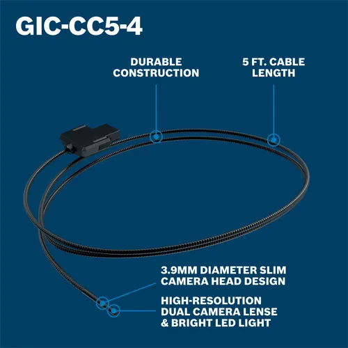 GIC-CC5-4, 5 FT. CABLE LENGTH, with 3.9MM DIAMETER SLIM CAMERA HEAD DESIGN, HIGH-RESOLUTION DUAL CAMERA LENSE & BRIGHT LED LIGHT.
