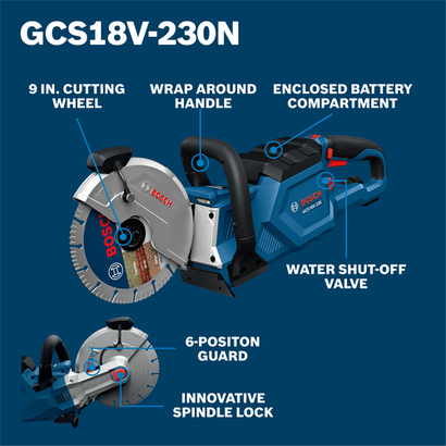 Image showing a walkaround view of the Bosch GCS18V-230N cut-off saw, highlighting its design and features.