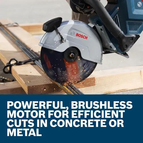 Bosch circular saw cutting metal, visible text: POWERFUL, BRUSHLESS MOTOR FOR EFFICIENT CUTS IN CONCRETE OR METAL.