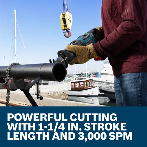 Bosch reciprocating saw cutting a pipe; text reads: POWERFUL CUTTING WITH 1-1/4 IN. STROKE LENGTH AND 3,000 SPM.