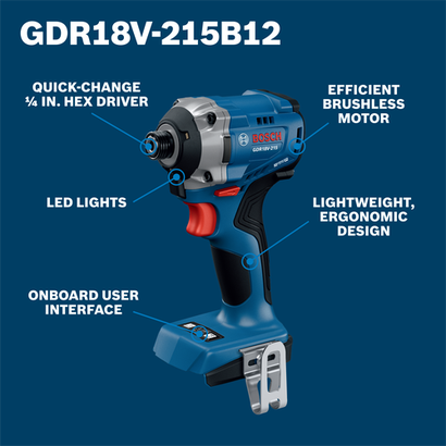 Bosch GDR18V-215B12 Quick-change 1/4 in. hex driver with LED lights, onboard user interface, efficient brushless motor, lightweight, and ergonomic design.