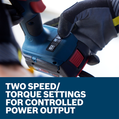 Bosch drill with two speed settings. Text reads: TWO SPEED/ TORQUE SETTINGS FOR CONTROLLED POWER OUTPUT.