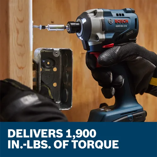 Bosch GDR18V-215 impact driver being used, image text "DELIVERS 1,900 IN.-LBS. OF TORQUE".