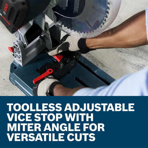 Toolless adjustable vice stop with miter angle for versatile cuts.