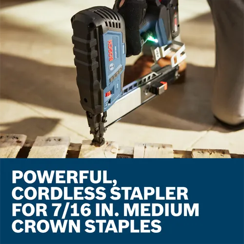 Bosch cordless stapler, GTH18V-50M, for 7/16 in. medium crown staples.