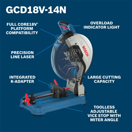Bosch GCD18V-14N tool with FULL CORE18V PLATFORM COMPATIBILITY, PRECISION LINE LASER, INTEGRATED K-ADAPTER, OVERLOAD INDICATOR LIGHT, LARGE CUTTING CAPACITY, TOOLLESS ADJUSTABLE VICE STOP WITH MITER ANGLE.