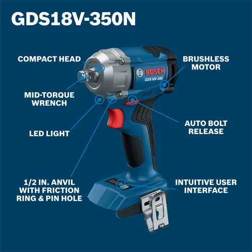Bosch GDS18V-350N impact wrench with compact head, mid-torque wrench, LED light, 1/2 in. anvil with friction ring & pin hole, brushless motor, auto bolt release, and intuitive user interface.