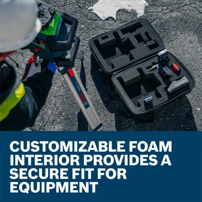 Bosch BT 170 HD Professional line laser, and text "CUSTOMIZABLE FOAM INTERIOR PROVIDES A SECURE FIT FOR EQUIPMENT".