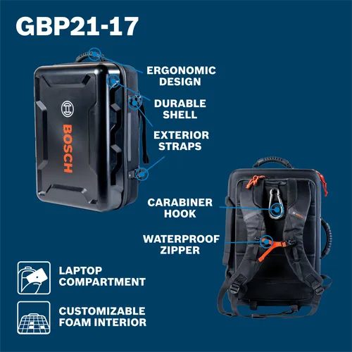 Bosch GBP21-17 case with ergonomic design, durable shell, exterior straps, carabiner hook, waterproof zipper, laptop compartment, and customizable foam interior.