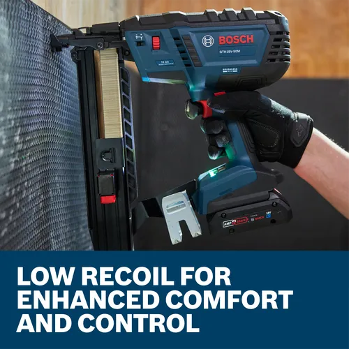 Bosch GTH18V-50M 16 GA Medium Crown Stapler with Low Recoil for Enhanced Comfort and Control.