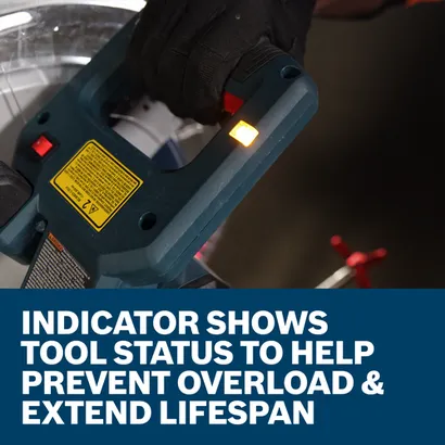 Indicator shows tool status to help prevent overload & extend lifespan. A person wearing a black glove is holding a power tool. The power tool has a yellow light indicating its status. The tool has a label with text.