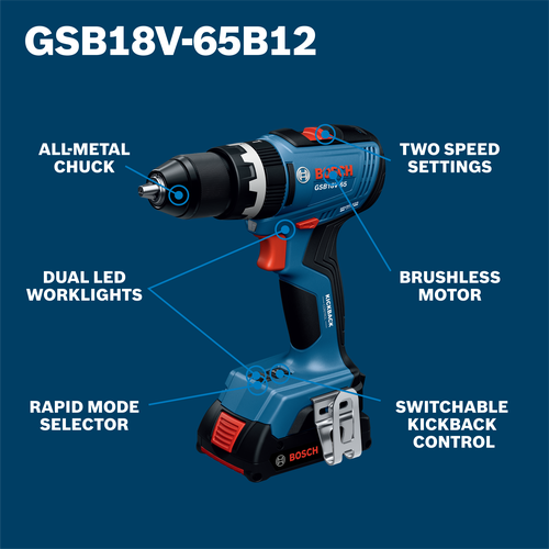 Bosch GSB18V-65B12, featuring All-Metal Chuck, Dual LED Worklights, Rapid Mode Selector, Two Speed Settings, Brushless Motor, and Switchable Kickback Control.