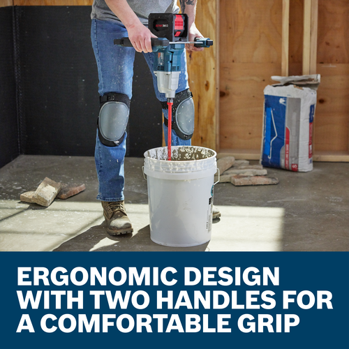 Bosch tool mixing cement in bucket, person wearing knee pads, text: ERGONOMIC DESIGN WITH TWO HANDLES FOR A COMFORTABLE GRIP.
