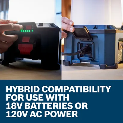 Hybrid compatibility for use with 18V batteries or 120V AC power. Product features a power button, charging status indicator, and AC power input.