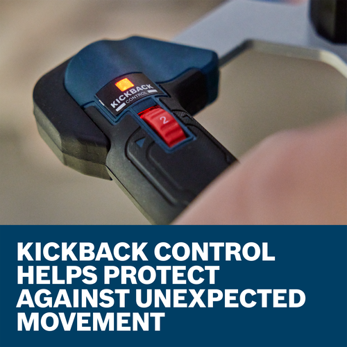 KICKBACK CONTROL with red "2" setting, HELP PROTECT AGAINST UNEXPECTED MOVEMENT.