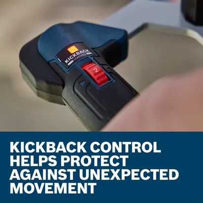 KICKBACK CONTROL with red "2" setting, HELP PROTECT AGAINST UNEXPECTED MOVEMENT.