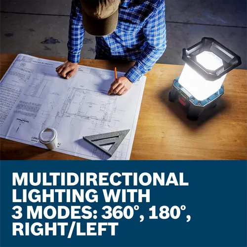 Bosch light on a table, next to construction plans, with text: MULTIDIRECTIONAL LIGHTING WITH 3 MODES: 360°, 180°, RIGHT/LEFT.