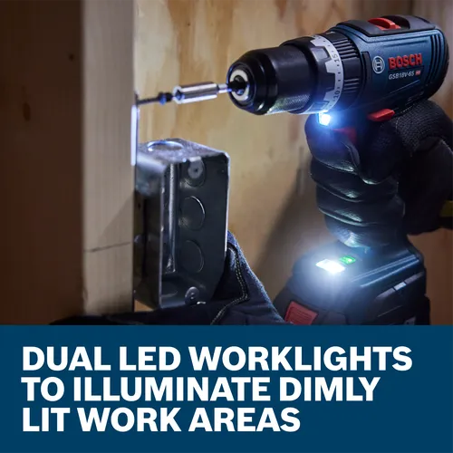Bosch GSB18V-65 HD cordless drill illuminating a dimly lit work area with dual LED worklights. Visible text: "DUAL LED WORKLIGHTS TO ILLUMINATE DIMLY LIT WORK AREAS".