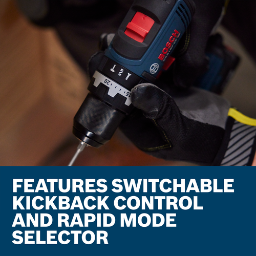 Bosch drill, with "FEATURES SWITCHABLE KICKBACK CONTROL AND RAPID MODE SELECTOR" text visible.
