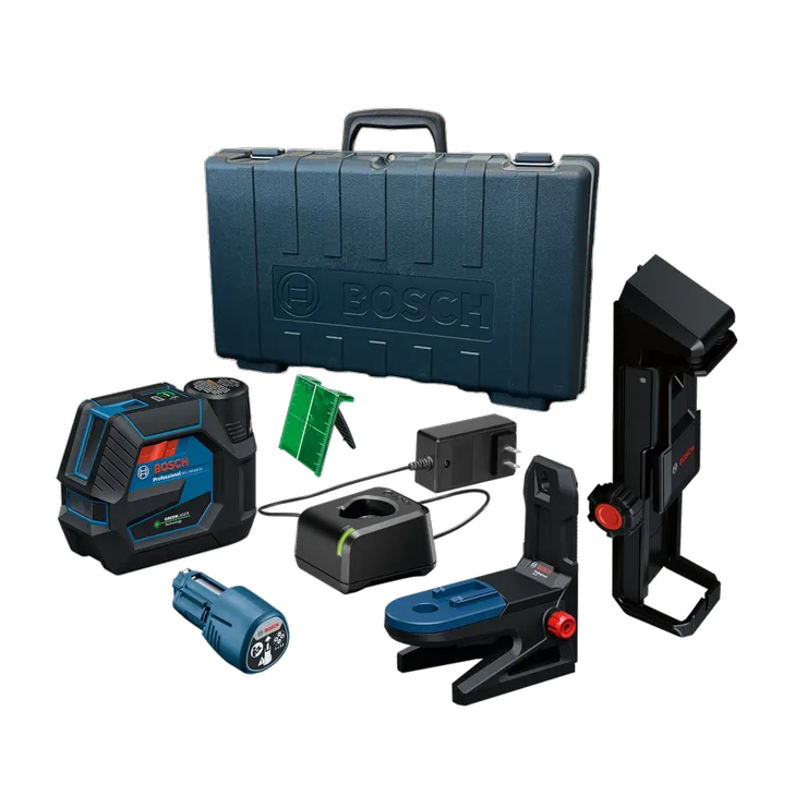 Bosch GCL165-82CG Professional Green Laser Technology set with case, charger, and accessories.