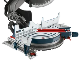 Bosch miter saw, with a red and blue design, includes measuring scales and an adjustable blade.