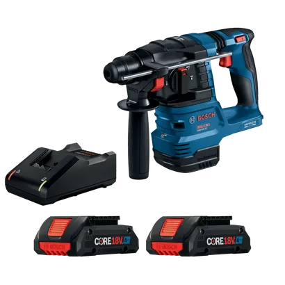Bosch GBH18V-22 BULLDOG rotary hammer with two CORE18V 4Ah batteries and charger.