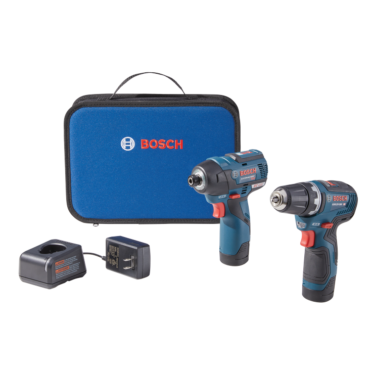 Bosch tool set including a GSR12V-300 HD drill and a cordless impact driver, charger, and a blue carrying case.