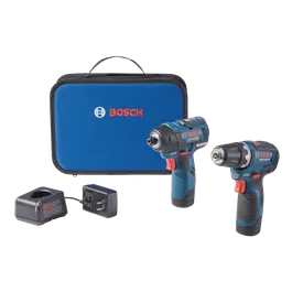 Bosch tool set including a GSR12V-300 HD drill and a cordless impact driver, charger, and a blue carrying case.