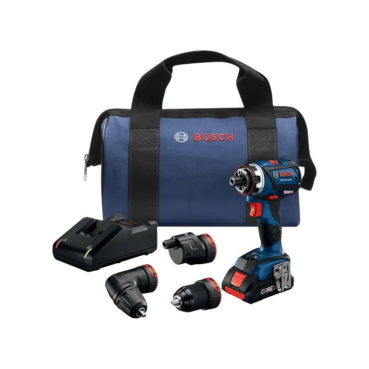 Bosch GSR18V-535FC drill with several attachments, charger, and a blue bag, all branded with the Bosch logo.