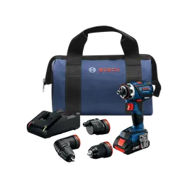 Bosch GSR18V-535FC drill with several attachments, charger, and a blue bag, all branded with the Bosch logo.