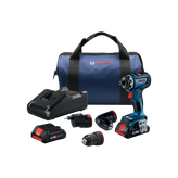 Bosch GSE18V-800FCB24 cordless drill driver kit with drill driver, 3 attachments, battery, charger and bag.