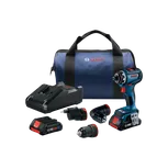 Bosch GSE18V-800FCB24 cordless drill driver kit with drill driver, 3 attachments, battery, charger and bag.