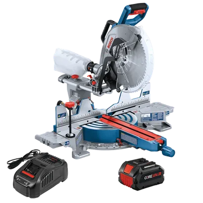 Bosch miter saw with CORE 18V battery and charger.