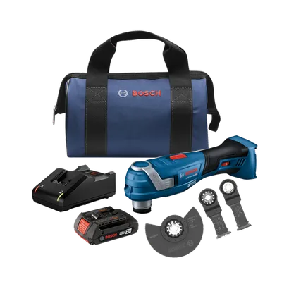Bosch GOP18V-34 cordless multi-tool with battery, charger, blades and carrying case.